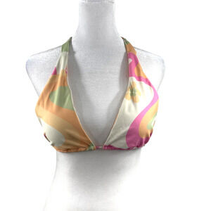 Halter String Bikini Top Sz S Triangle Retro Groovy Pink Orange Green Floral